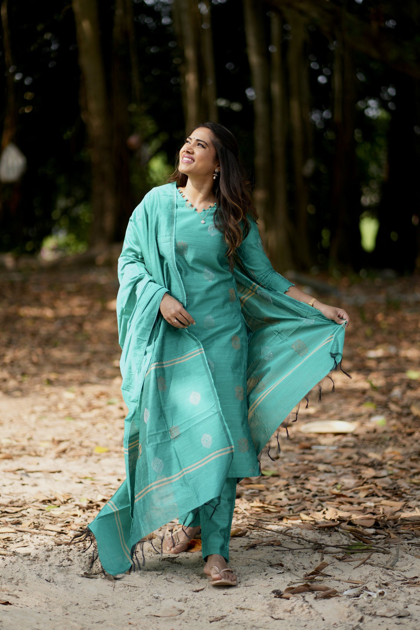 Ilavarasi Raw Silk Salwar Set in Dark Green