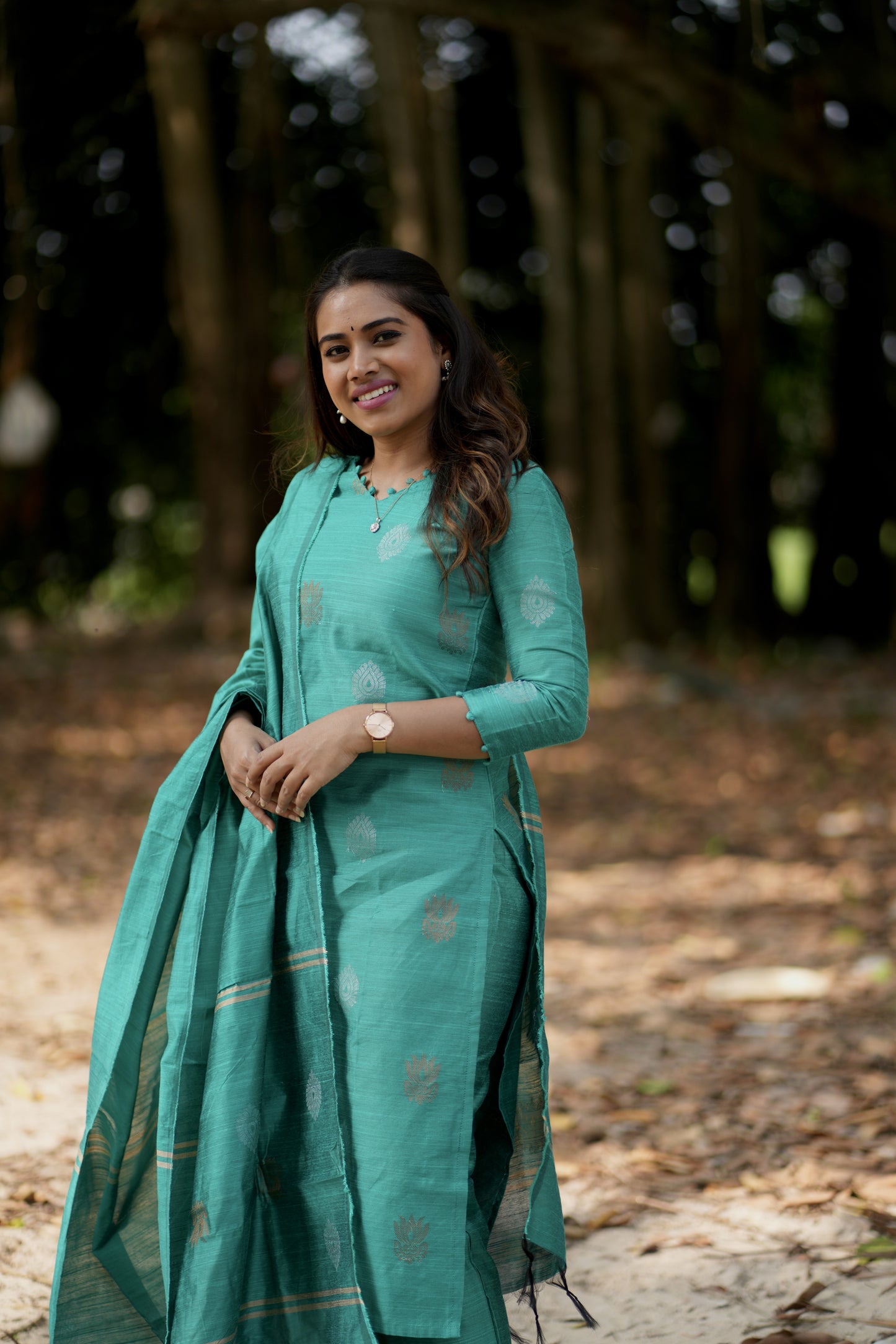 Ilavarasi Raw Silk Salwar Set in Dark Green