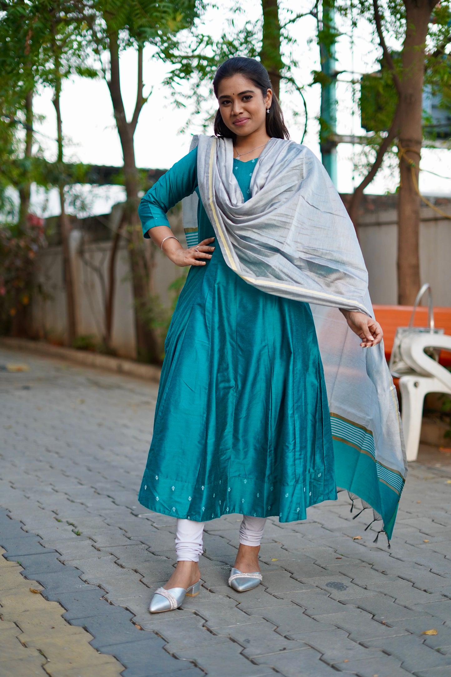 Dhanya Cyan Anarkali top with dupatta