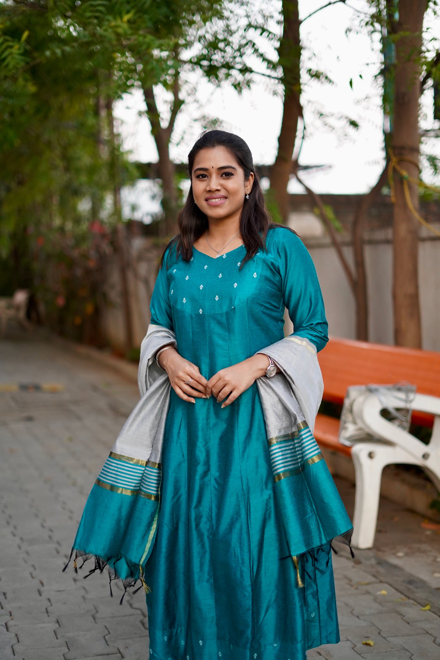 Dhanya Cyan Anarkali top with dupatta