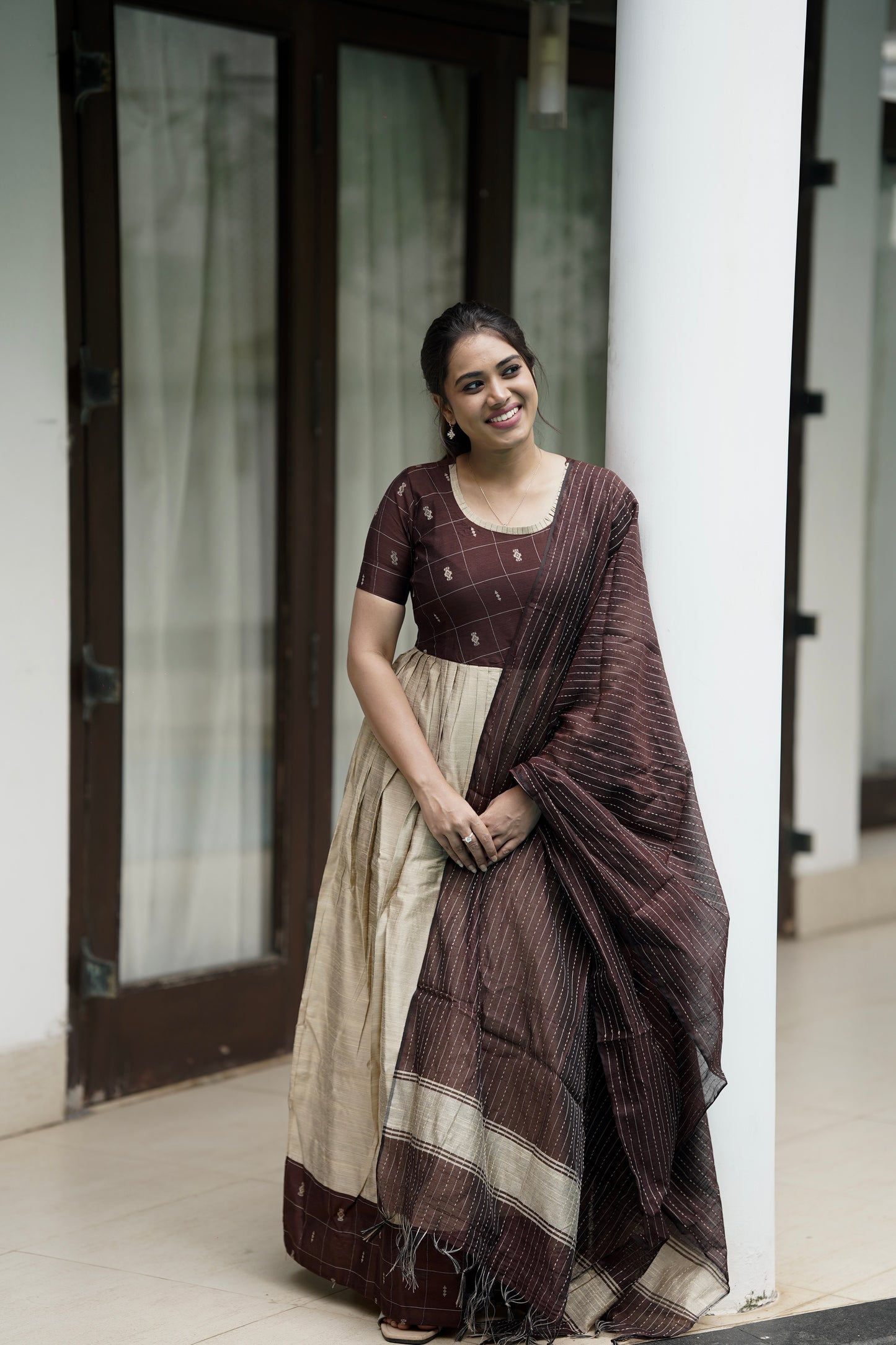 Chandrini Checked Brown Raw Silk Gown