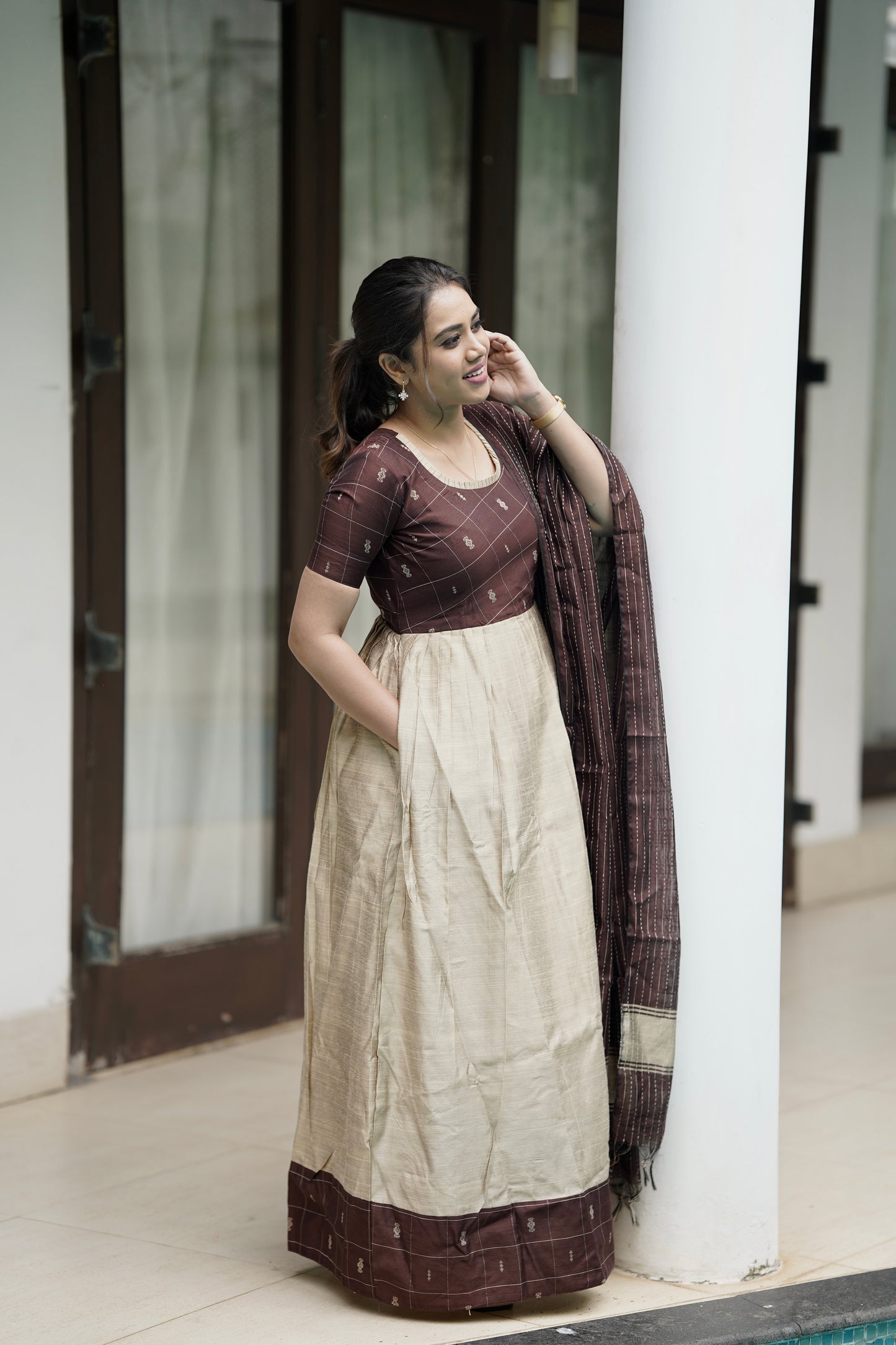 Chandrini Checked Brown Raw Silk Gown