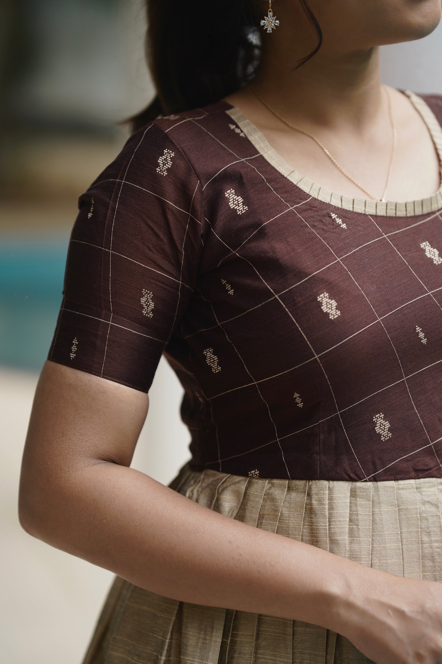 Chandrini Checked Brown Raw Silk Gown