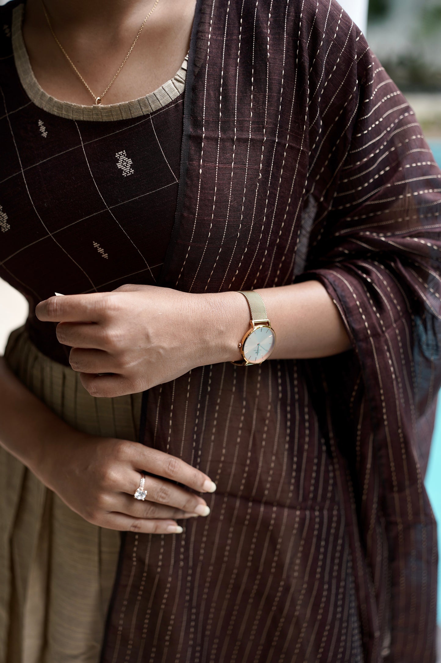 Chandrini Checked Brown Raw Silk Gown