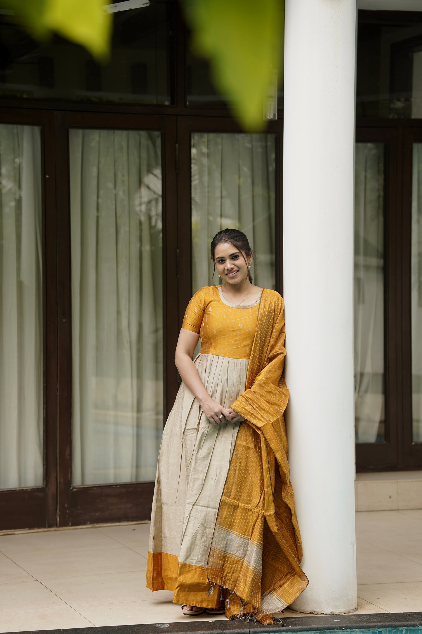 Chandrini Checked Yellow Raw Silk Gown