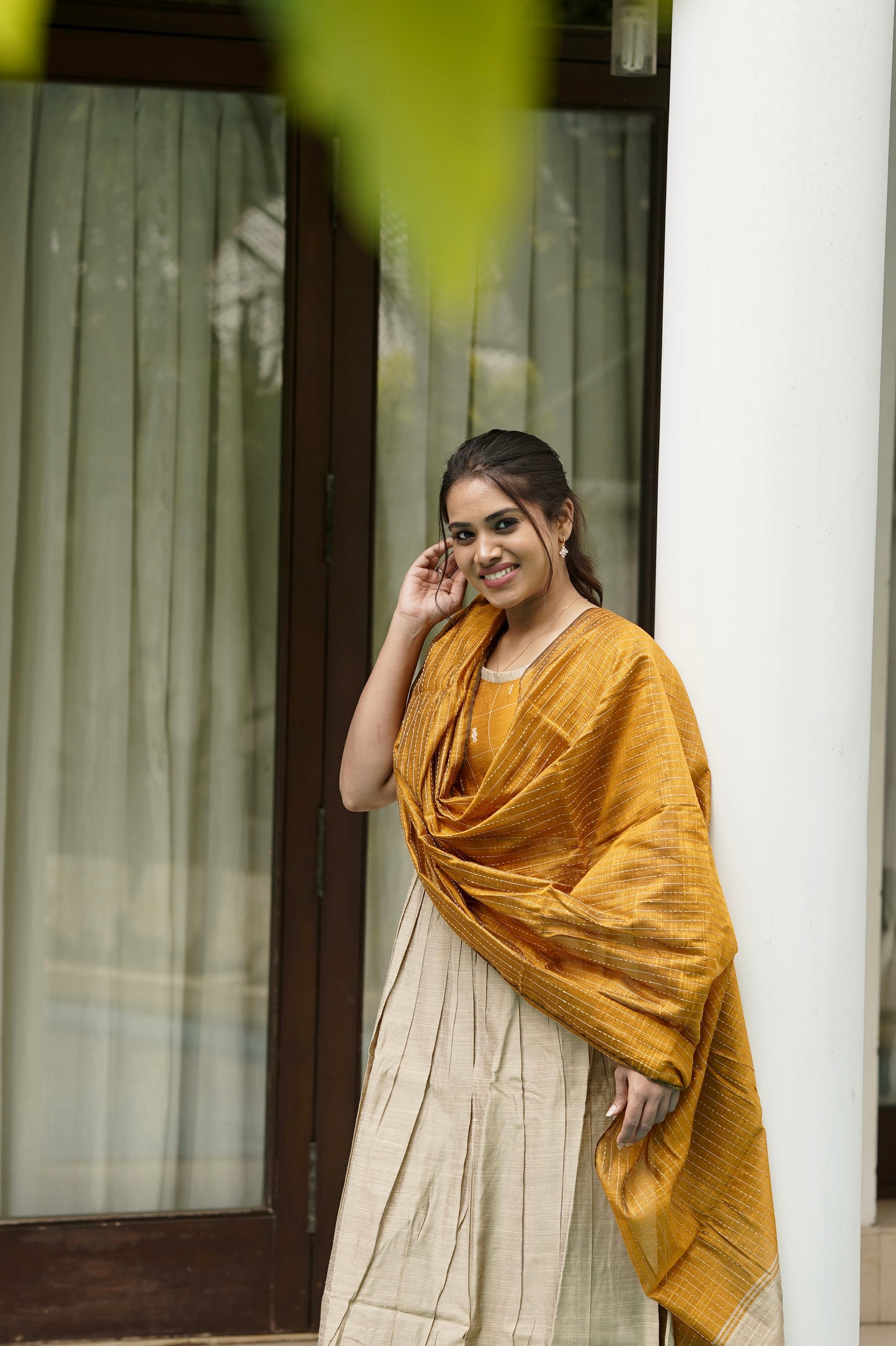 Chandrini Checked Yellow Raw Silk Gown