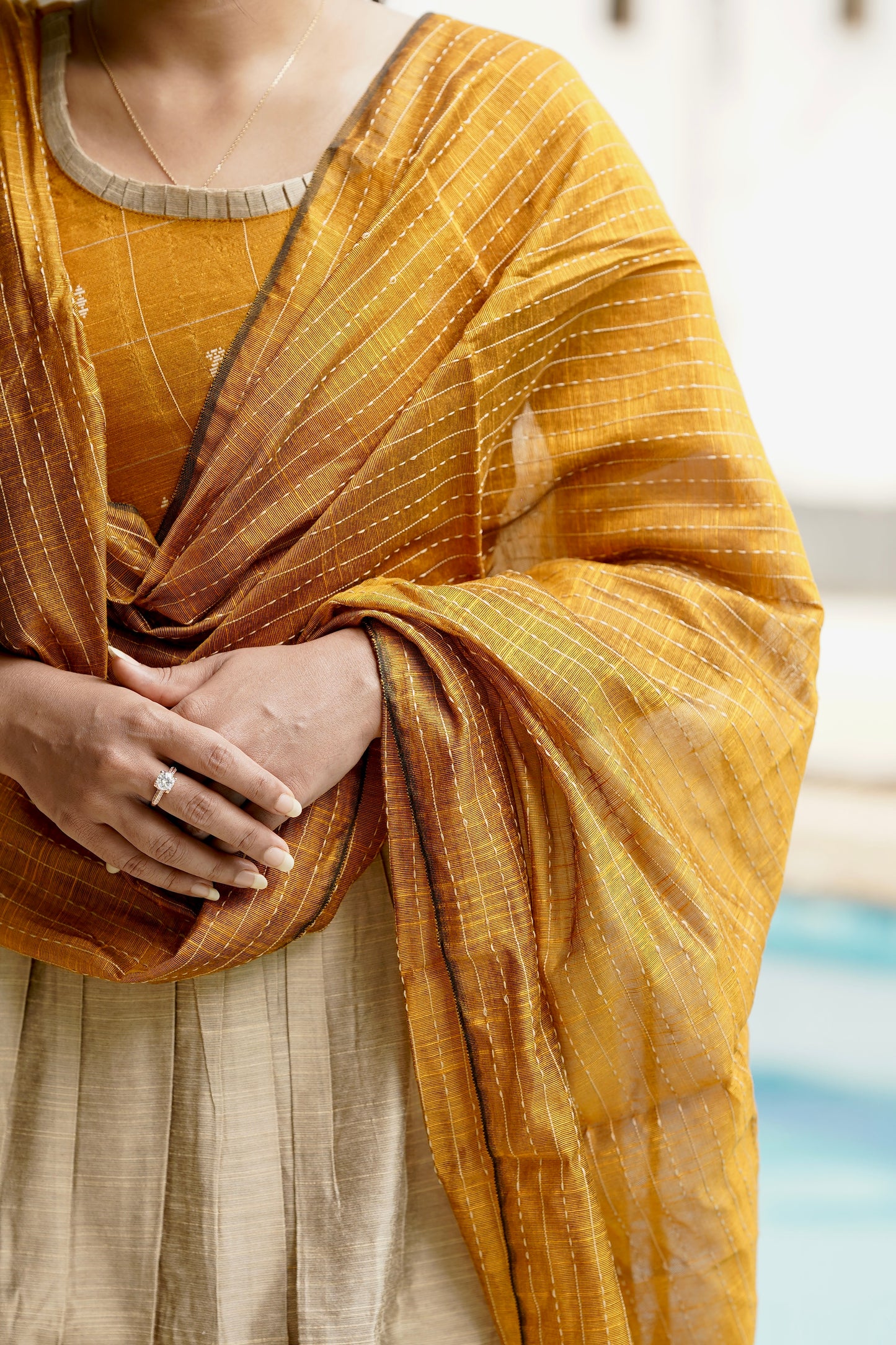 Chandrini Checked Yellow Raw Silk Gown