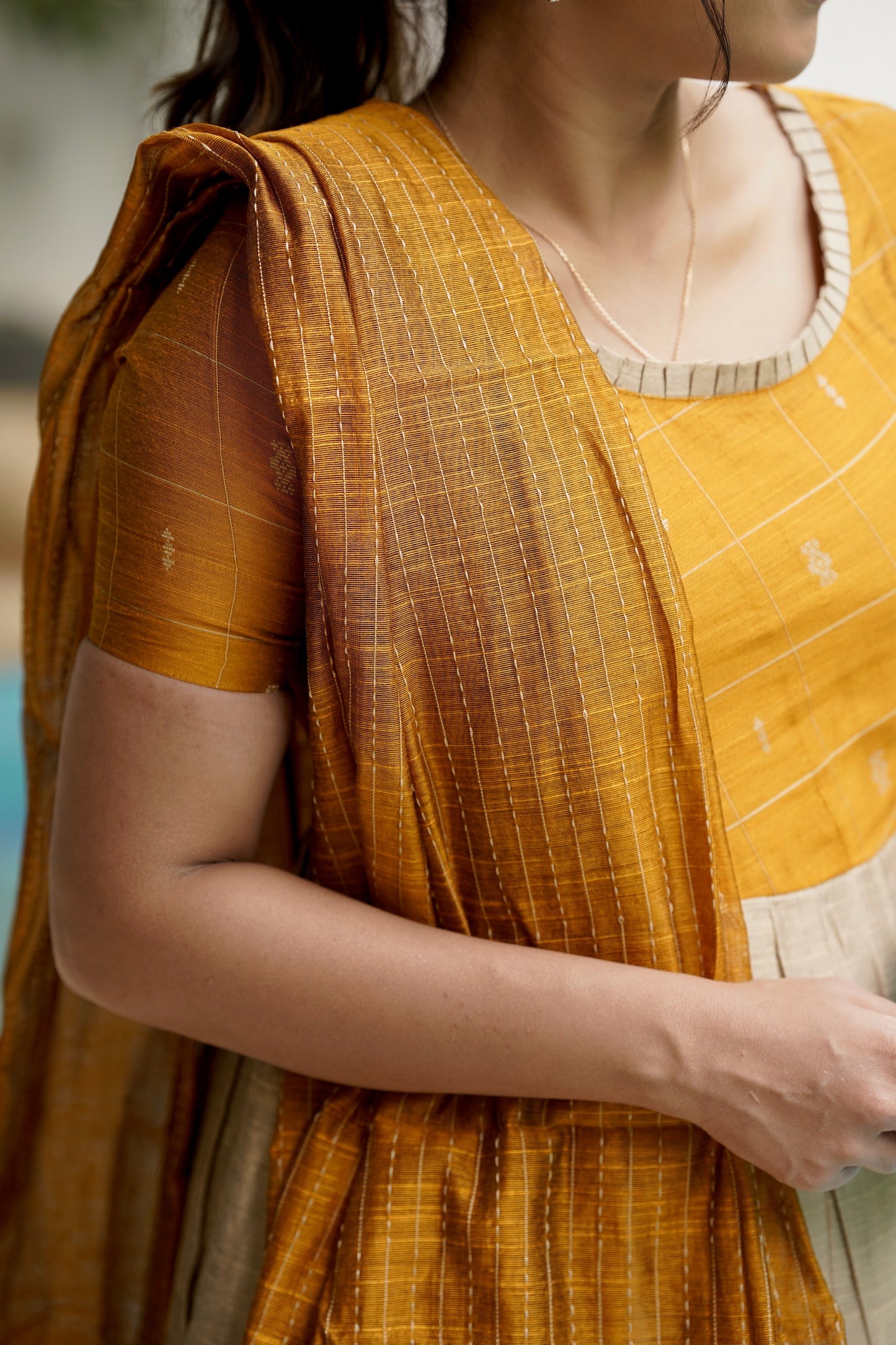 Chandrini Checked Yellow Raw Silk Gown