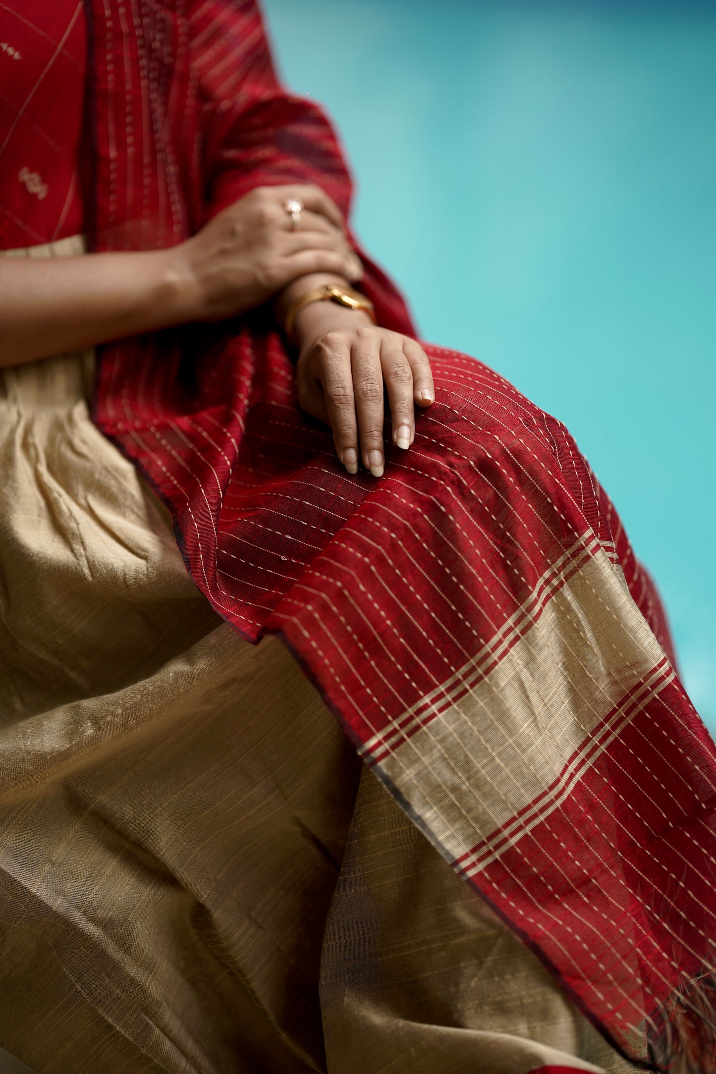 Chandrini Checked Red Raw Silk Gown