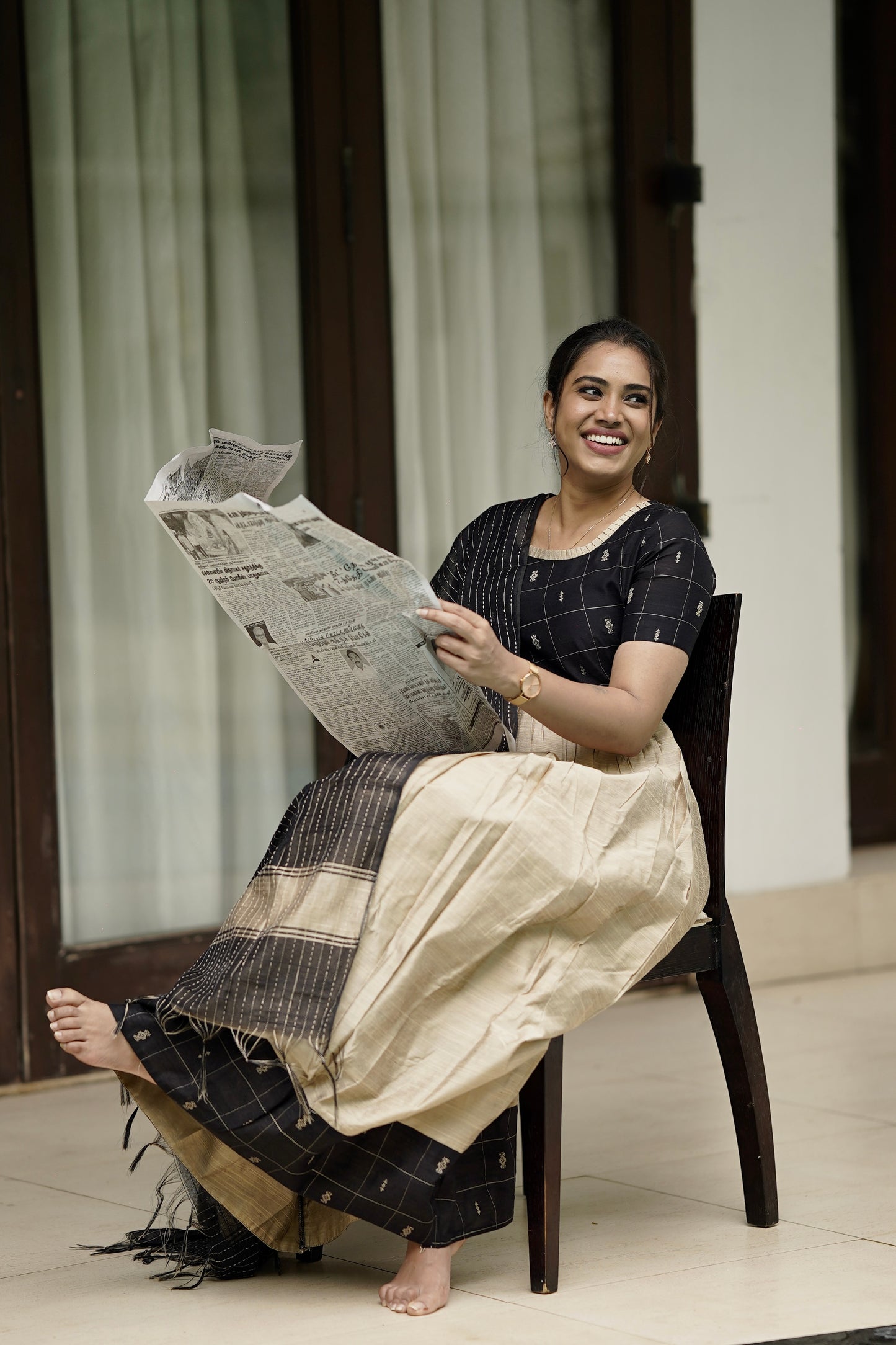 Chandrini Checked Black Raw Silk Gown