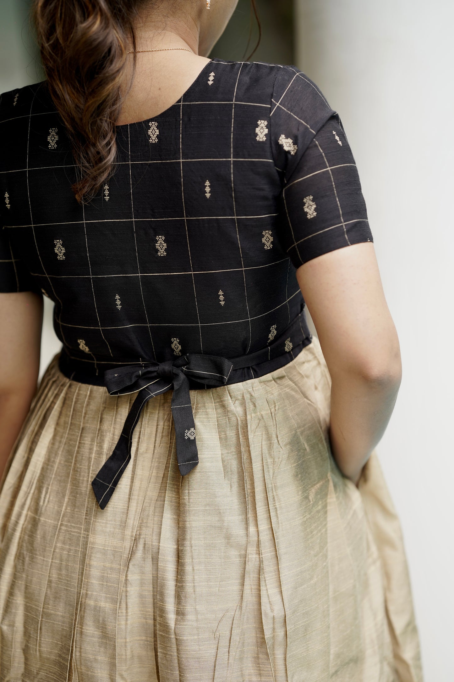 Chandrini Checked Black Raw Silk Gown