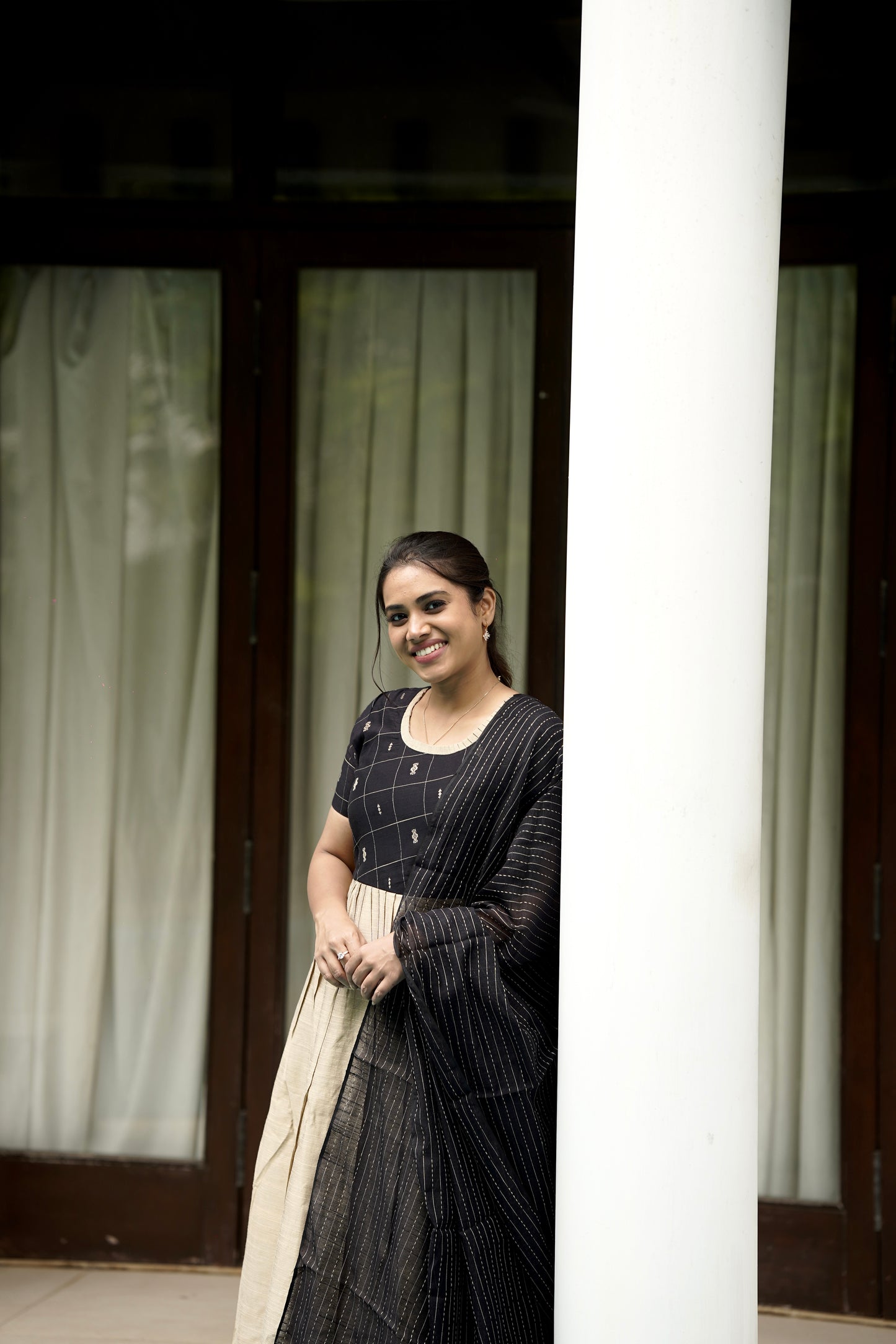 Chandrini Checked Black Raw Silk Gown