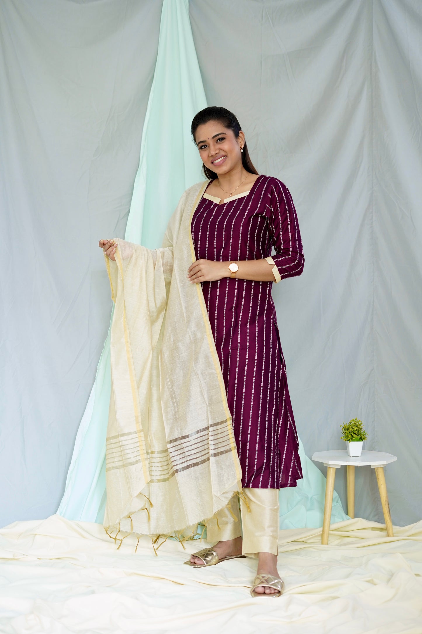 Anjali Raw Silk Striped Salwar Set - Wine