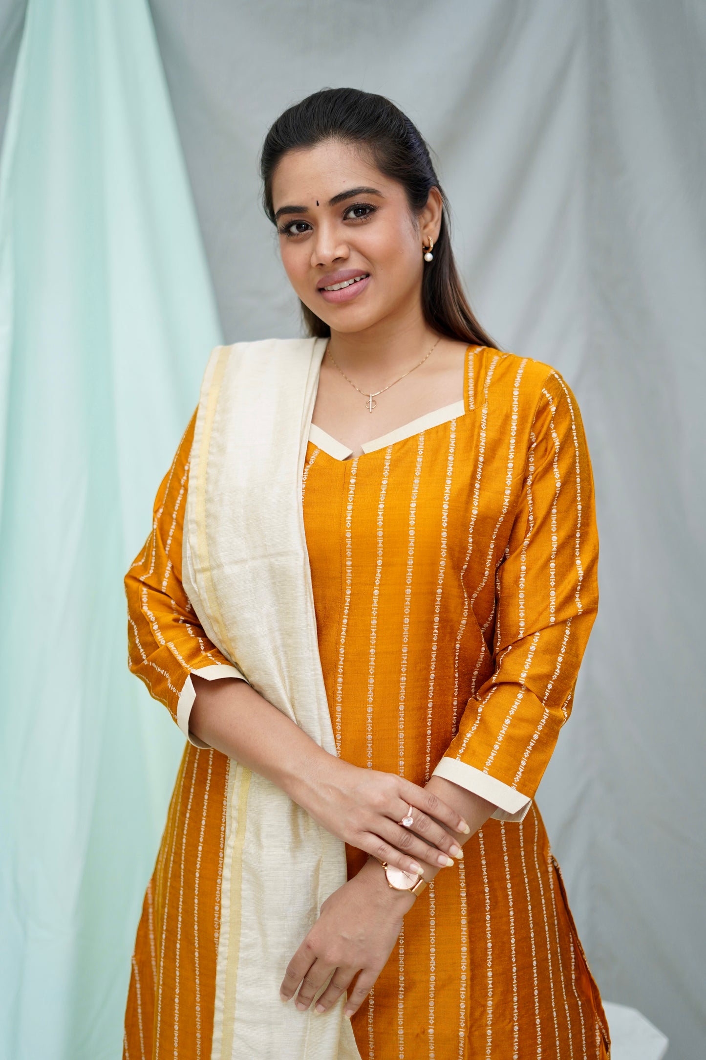Anjali Raw Silk Striped Salwar Set - Mustard