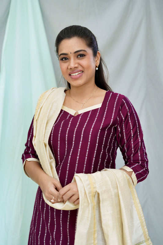 Anjali Raw Silk Striped Salwar Set - Wine
