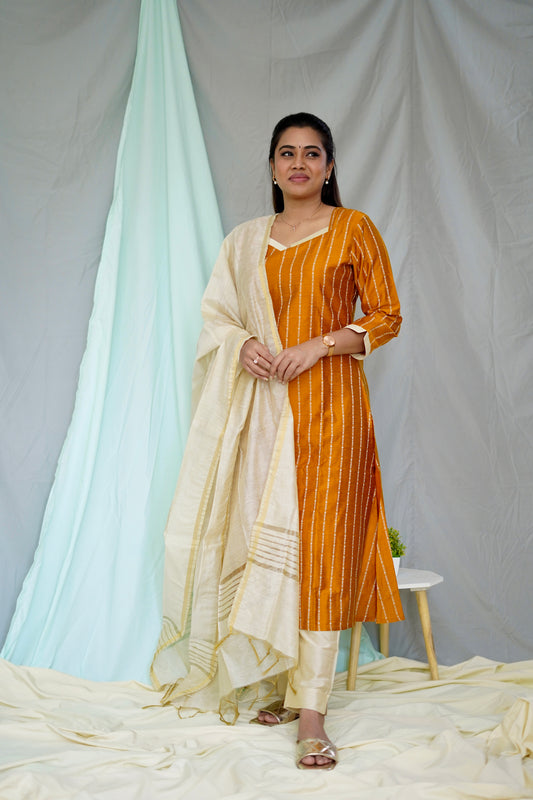 Anjali Raw Silk Striped Salwar Set - Mustard