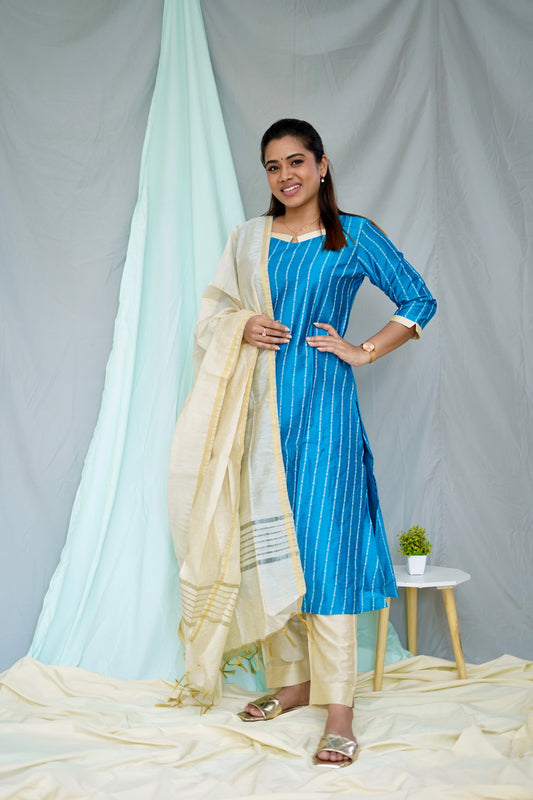 Anjali Raw Silk Striped Salwar Set - Blue
